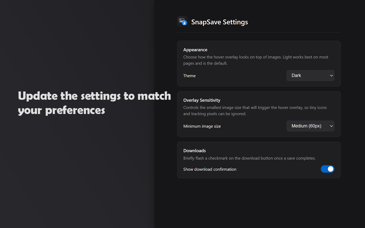 SnapSave settings panel showing theme, overlay sensitivity, button position, and download confirmation options
